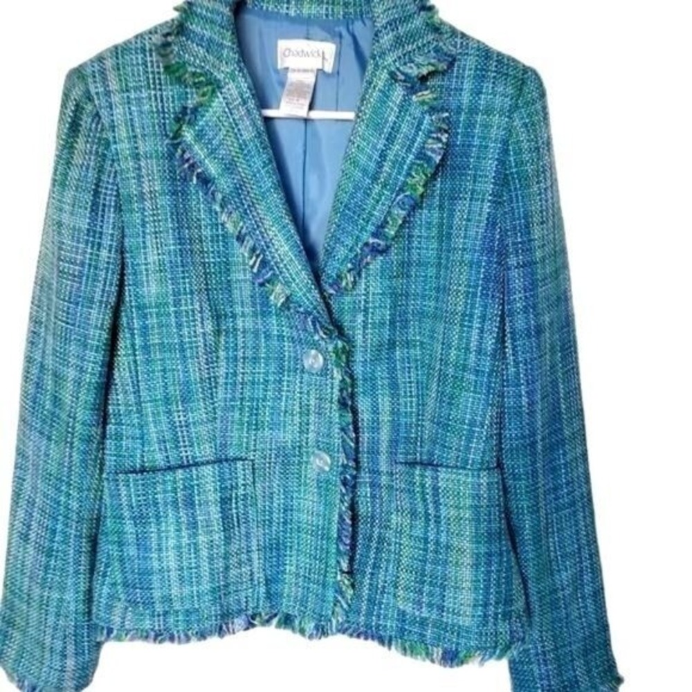 VINTAGE Womens Academia Tweed Clueless Preppy Jacket SZ 6 US S Blue Green Fringe